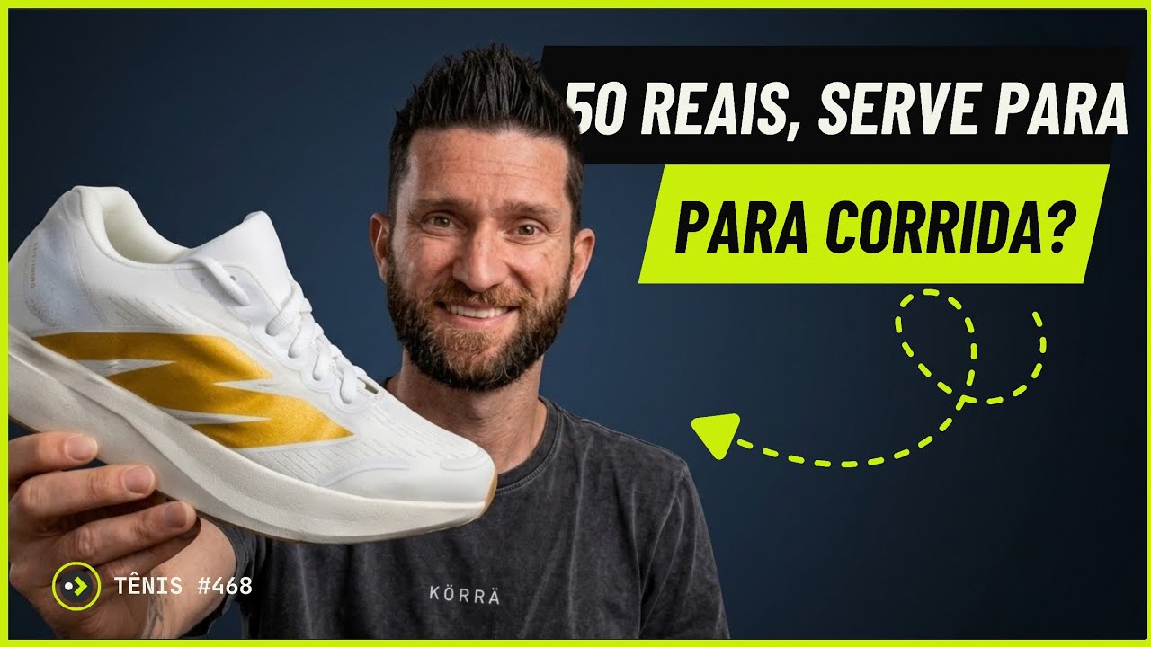 Marcelo Culen segurando o tênis Auroro branco e dourado, com o texto 50 reais, serve para corrida?